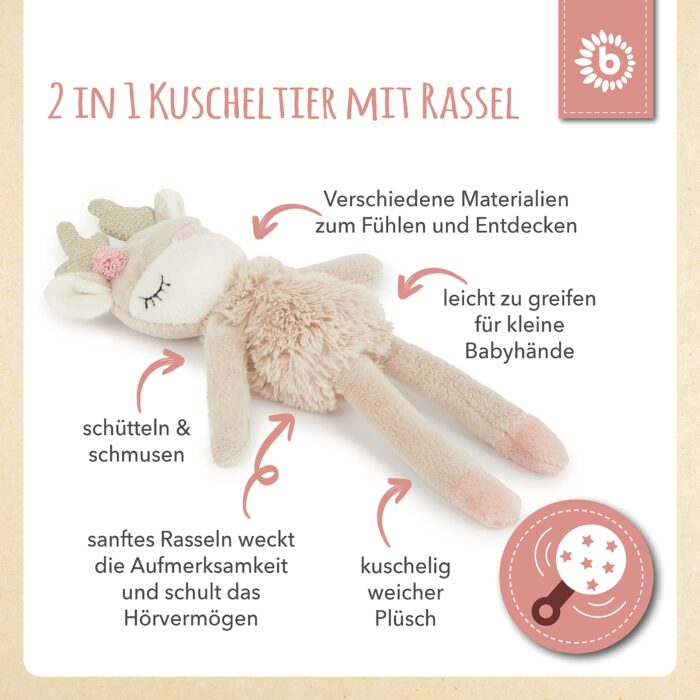 Bieco Kuscheltier Reh Ella mit Rassel | Baby Kuscheltier ab 0 Monate Stofftier Baby Plüschtier Rehr – Bild 6